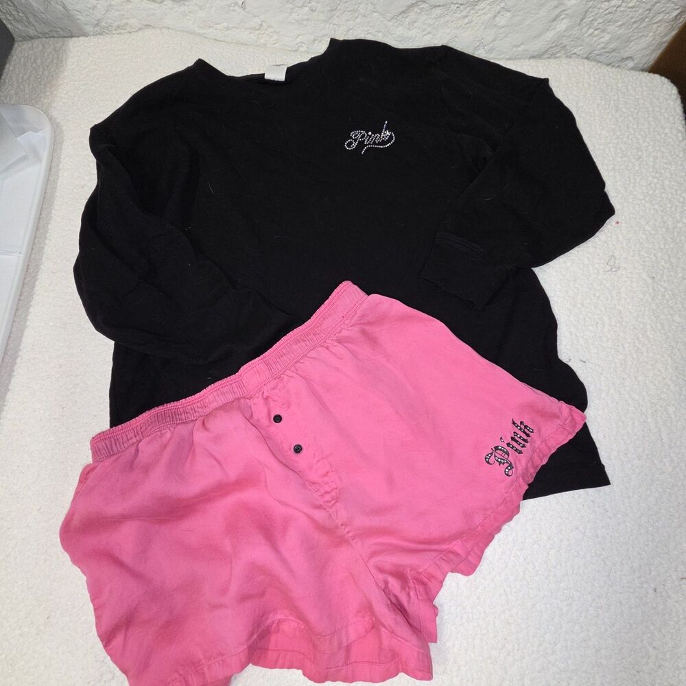 2pc set PINK Victoria's Secret Black l/s shirt with pink/Black sleep shorts XS/S